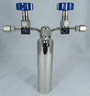 Stainless steel bubbler, 300ml, horizontal in line, electropolished with fill-port, high temp valves (315°C)