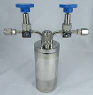 Stainless steel bubbler, 600ml, horizontal in line, electropolished with fill-port, high temp valves (315°C)