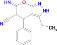 3-ethyl-6-imino-4-phenyl-2H,4H,5H,6H-pyrano[2,3-c]pyrazole-5-carbonitrile