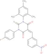 (5E)-1-(4-Fluorophenyl)-5-[(3-nitrophenyl)methylidene]-2-sulfanylidene-3-(2,4,6-trimethylphenyl)...